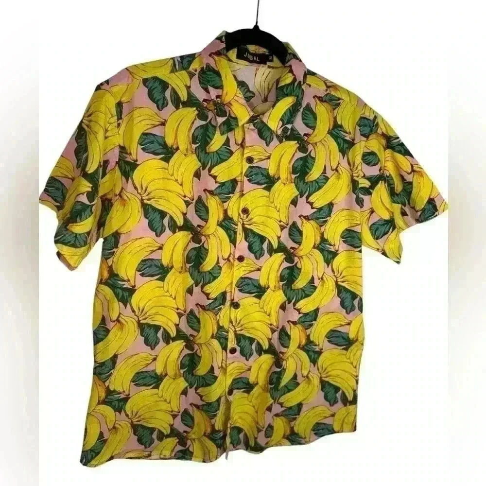 Jogal Shirt Men's Medium Banana Pattern Button Up Short Sleeve Tropical Leaf